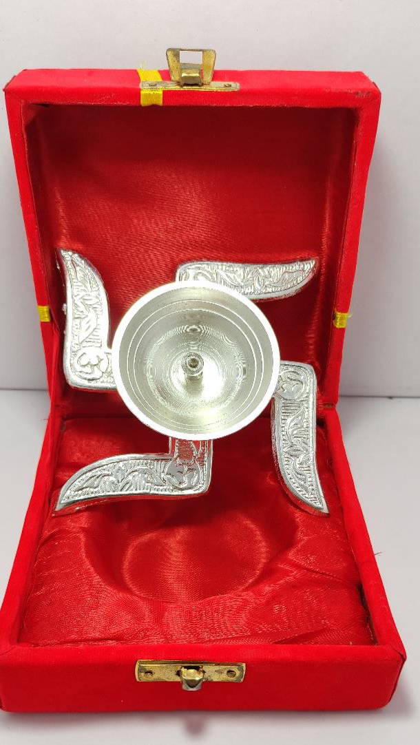 Silver Swastik Diya (Size: 3.5 inch diya)